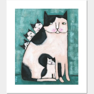 Black and White Mom Cat and Kittens Posters and Art